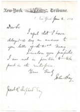 John Hay, Autograph Letter Signed, Lincoln's Private Sec., Tribune Letterhead picture