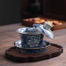 Chinese Blue White Crackle Glaze Gaiwan Tea Cup 180ml Gongfu Tea Set picture