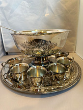 Vintage ONEIDA Silver Plate Punch Bowl Set w/ Serving Tray, 6 Cups & Ladle picture