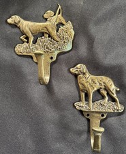 2 Vtg Brass? Pointer Spaniel Hunting Dogs Wall Hooks Leash Coat Hanger Cabin picture