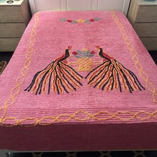 Vintage Pink Chenille Double Peacocks Full/Queen Bedspread Coverlet picture