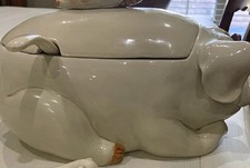 Fitz n Floyd beige Pig-Shaped Ceramic Soup Tureen w/ Lid & Ladle, 3-Piece Set picture