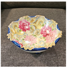 Bintage Royal Kinran Nippon Japanese Footed Bowl Floral Blue Gold Trim  picture