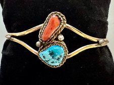 Vintage 1/20 12K Gold Native American Cuff Bracelet w/ Turquoise & Coral picture