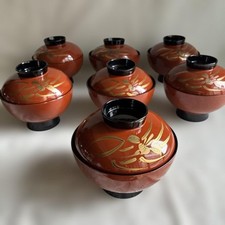 Japanese Yamanaka Red Gold Lidded Soup Bowl Set of 7 picture