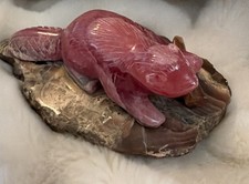 Vtg Hand Carved Rhodochrosite Beaver On Agate Base Figurine Gemstone Crystal picture