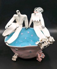 Eilene Sky Tea Sugar Bowl 1992 Studio Art Pottery Porcelain Hand Painted Figures picture