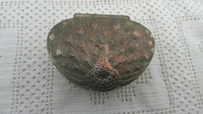 Rare Antique Occupied Japan Peacock Metal Trinket Box Pink Lined picture
