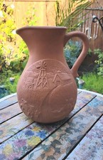 Relief Carved Terra Cotta Pitcher - Heavy 4lb Rustic Farmhouse Decor picture