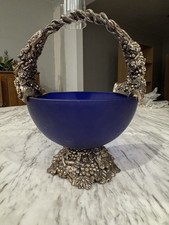 Vintage Davco Silver Ltd Cobalt Blue Bowl w/ Ornate Silver Tone Metal Basket picture