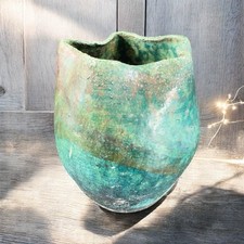 Vintage Raku Studio Art Pottery Vase Bowl Wavy Star Top Green Shiny Glaze Signed picture