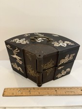 Vintage Japanese Fan Shape Treasure Box Inlaid MOP Lacquer Decoration picture