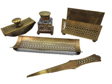 Antique S.W. Farber New York Brass 5-Pc Desk Set Crystal Inkwell Letter Opener picture
