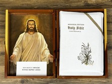 The Holy Bible Wooden Case Leather Zip Around Memorial Edition Illustrated picture