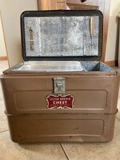 1950’s Little Brown Chest Ice Box Cooler Vintage With Alum. Tray & Accessories picture