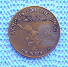 1967 BLUE JAY Carnival Club (Covington, LA) Antique Bronze Mardi Gras Doubloon picture