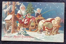 EXTREMELY RARE Vintage Christmas Postcard - Santa Sleigh Pulled by POLAR BEARS picture