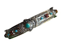 Beautiful Silvertone Red & Blue Turquoise Tiger Eye Color Stones Bangle Bracelet picture