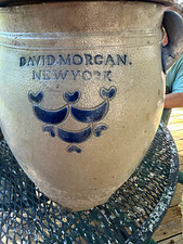 David Morgan New York Stoneware Crock, Gray/Blue Heart Pattern, Free Standing picture