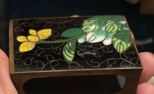Vintage Chinese Cloisonné Match Box Cover Brass Black Enamel Floral Pattern picture