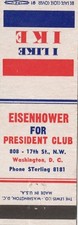 Vintage Matchcover Eisenhower For President Club Washinton DC picture