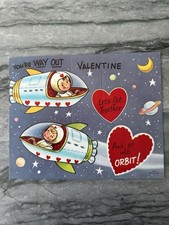 Rare Extra Large Vintage Valentine Boy Girl Astronaut Space Rocket Ship Planet picture