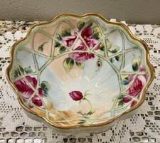 Vtg Porcelain HandPainted Nippon 3 Footed Medium Nut Candy Dish Floral Gold Gild picture