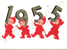 Vintage Christmas Card, FLOCKED ELVES WITH DATE OF 1955, COMPANY CHRISTMAS CARD picture