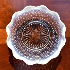 Vintage Opalescent Hobnail Bowl Ruffled Edge Moonstone Glass Mid Century picture