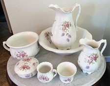 Victorian Semi-Vitreous Porcelain K T @  K 9 Piece Pitcher Bowl Set White/floral picture