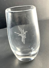 Signed Orrefors Swedish Crystal Vase Etched Pixie On Goose Scene Elf 6” Tall picture