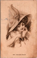 1909 YOUR GOOD HEALTH Woman Feathered Hat Waupaca WI Postcard picture