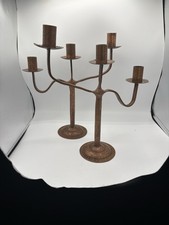 Pair 1950s-60s Gregorian Hand Wrought Copper 3 Arm Candelabras 12” Hammered picture