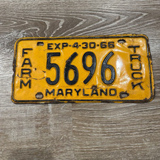 Vintage 1966 Maryland Farm Truck License Plate Yellow Black Embossed Tag picture