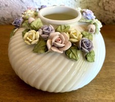 Vtg Bone China Ribbed Bowl/Vase w Porcelain Roses in 3.75in T x 5.75in W picture