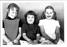 Three Young Girls Sitting Together Reading A Book B+W Found Photo V2766 picture