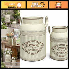Set of 2 Vintage White Farmhouse Milk Can Vases, Rustic Galvanized Jug Decor picture