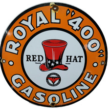 VINTAGE RED HAT PORCELAIN SIGN ROYAL 400 GAS STATION PUMP PLATE OIL FUEL GARAGE picture