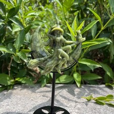 1pc Natural Green Jade Quartz Carved witch Crystal skull Healing Gift +stand picture