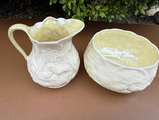 Vintage Belleek Creamer & Sugar Bowl Set 2pc Ceramic Floral Embossed  picture