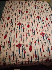 Vintage 70s Cotton Fabric Material Red White Blue Men With Instruments picture