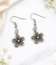 Oxidised Silver Flower Dangle Earrings Vintage Floral Drop Handmade Boho Gift picture