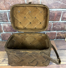 Antique Early 1900's Woven Split Wood Picnic Basket Hinged Primitive Americana picture