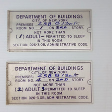 NYC Dept of Buildings Occupancy Metal Signs Vintage Room Limit Plaques Lot of 2 picture