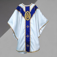White Gothic Chasuble with MA Rays Applique + Matching Stole – Damask Fabric picture