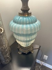 MCM Vintage L&L 1971 Beehive Blue Ribbed Glass Table Lamp - Ornate Brass Base picture