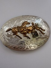 Vintage B-K Silversmiths Sterling Silver Horse Rider Belt Buckle Hand Engraved picture