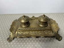 Vintage Ornate Brass Double Ink Well.  Victorian Style w Glass Insert.  #2652 picture
