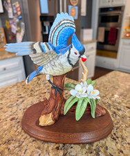 Vintage Royal Crown Collection Porcelain Blue Jay Bird Figurine on Wood Base picture