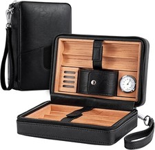 Cigar Humidor Cedar Wood Lined Leather Cigar Case Capacity 6 pcs Built in Hygrom picture